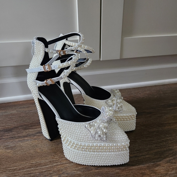 Shoes - New White Pearl Platform Heels Size 9.5 | Triple Strap Bridal Wedding Party Pump